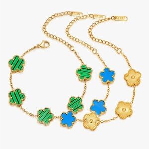 18K Gold Dainty Four Leaf Clover Charm Bracelet Van Cleef Style Set Alhambra 3PC